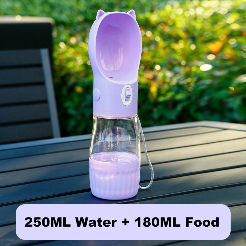 Purple Portable Dog Water Bottle with Built-in Bowl Dispenser - 250ml Water,180ml Food Capacity,Leak-proof for Travel and Walks - Macaw And Friends