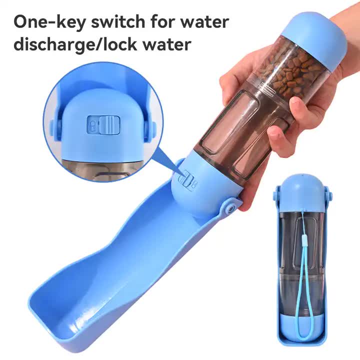2-in-1 Portable Pet Water and Food Bottle - Leak-Proof Design with Water Lock and Easy Dispenser,300ml Water+200ml food feeder  Blue Colour - Macaw And Friends