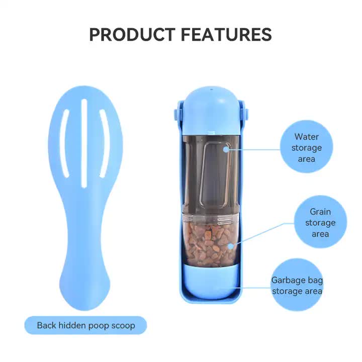 2-in-1 Portable Pet Water and Food Bottle - Leak-Proof Design with Water Lock and Easy Dispenser,300ml Water+200ml food feeder  Blue Colour - Macaw And Friends