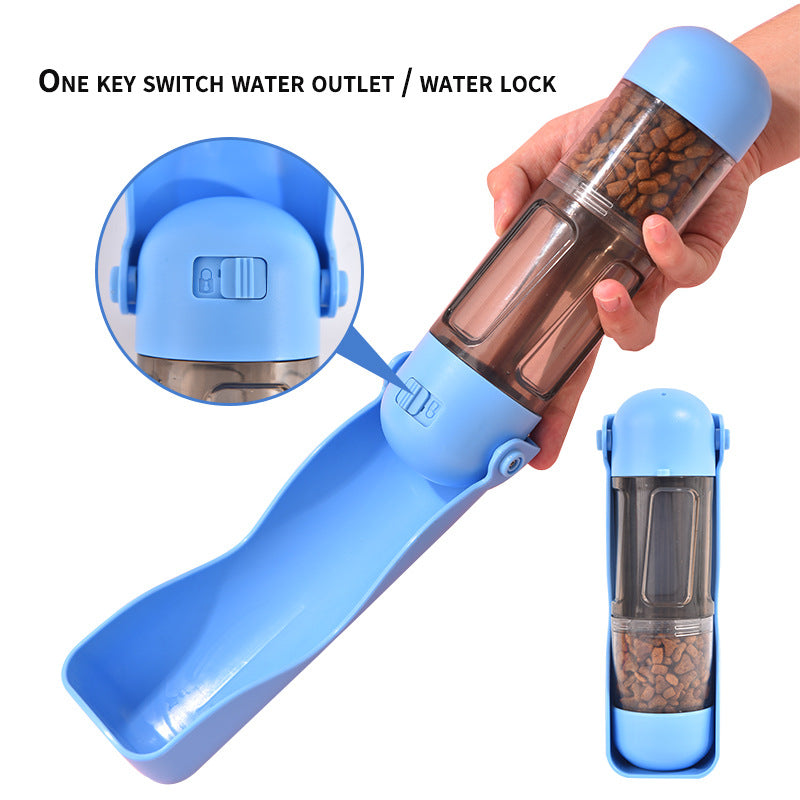 2-in-1 Portable Pet Water and Food Bottle - Leak-Proof Design with Water Lock and Easy Dispenser,300ml Water+200ml food feeder Blue Colour - Macaw And Friends