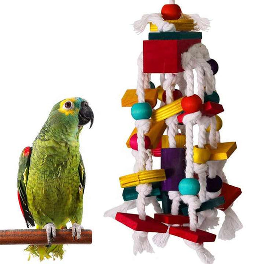 Colorful Parrot Toy with Wooden Beads, Blocks, and Cotton Rope - Chewing and Climbing Fun for Birds - Macaw And Friends