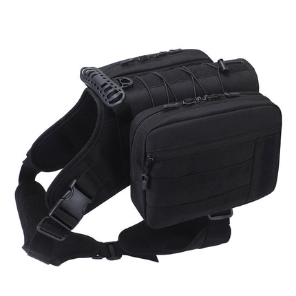 Black tactical dog backpack harness with adjustable straps, camouflage saddle bag for outdoor adventures, by Macaw And Friends.