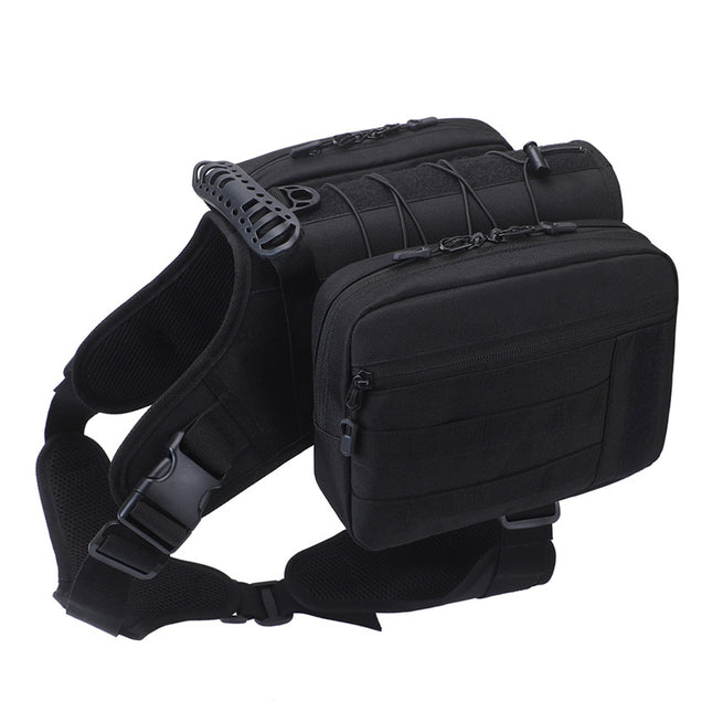 Black tactical dog backpack harness with adjustable straps, camouflage saddle bag for outdoor adventures, by Macaw And Friends.