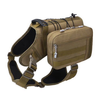 Khaki dog tactical backpack harness with adjustable straps and camouflage design, suitable for outdoor use and pet comfort.