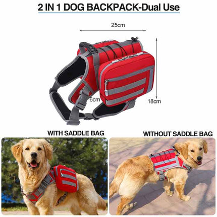 Khaki tactical dog backpack harness with adjustable straps, outdoor camouflage design, suitable for outdoor adventures.