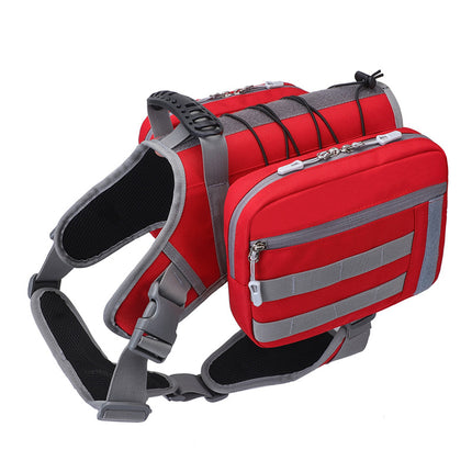 Red tactical dog backpack harness with adjustable straps, outdoor camouflage design and saddle bag for outdoor pet activities.