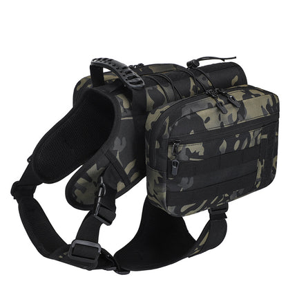 Camouflage dog tactical backpack harness by Macaw And Friends, adjustable outdoor saddle bag for outdoor pet activities.