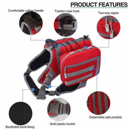 Camouflage dog tactical backpack harness with adjustable straps, outdoor saddle bag for pets, by Macaw And Friends.