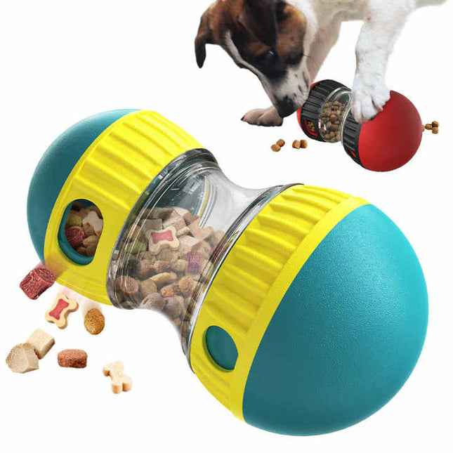 Red interactive dog slow feeder toy by Macaw And Friends, food dispenser ball for encouraging healthy digestion in dogs.
