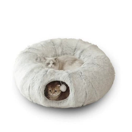 Grey plush cat bed with hidden tunnel, soft round design for cats and small dogs, by Macaw And Friends.