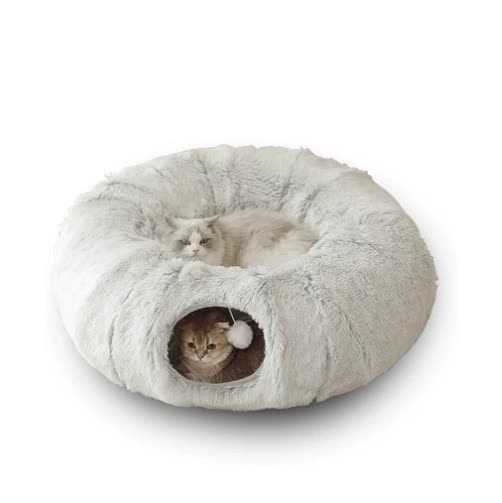 Grey plush cat bed with hidden tunnel, soft round design for cats and small dogs, by Macaw And Friends.