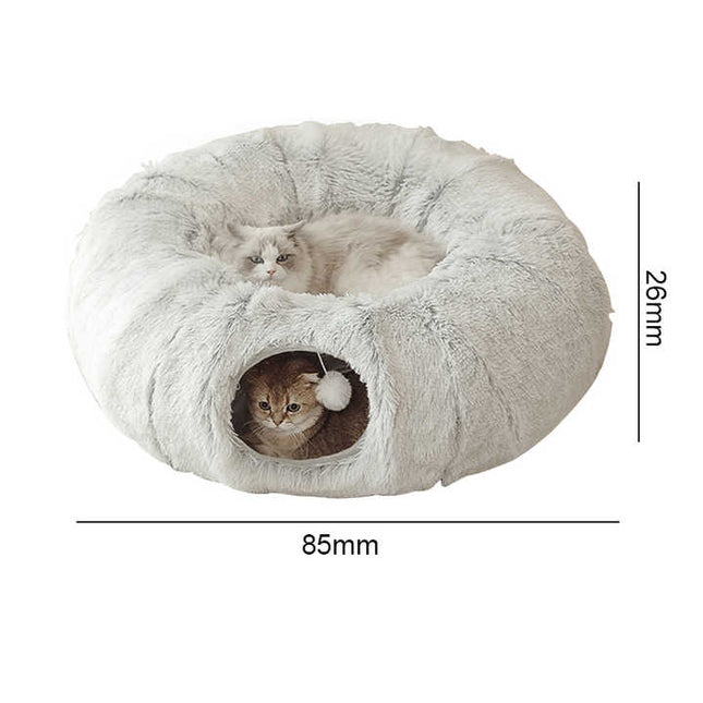 Grey plush cat bed with hidden tunnel by Macaw And Friends, soft round pet bed for cats and small dogs.