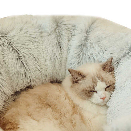 Grey luxury plush cat bed with hidden tunnel, soft round pet bed for cats and small dogs by Macaw and Friends.