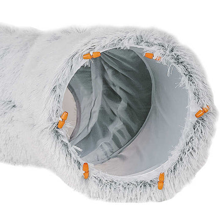 Grey plush cat bed with hidden tunnel by Macaw And Friends, soft round pet bed for cats and small dogs.