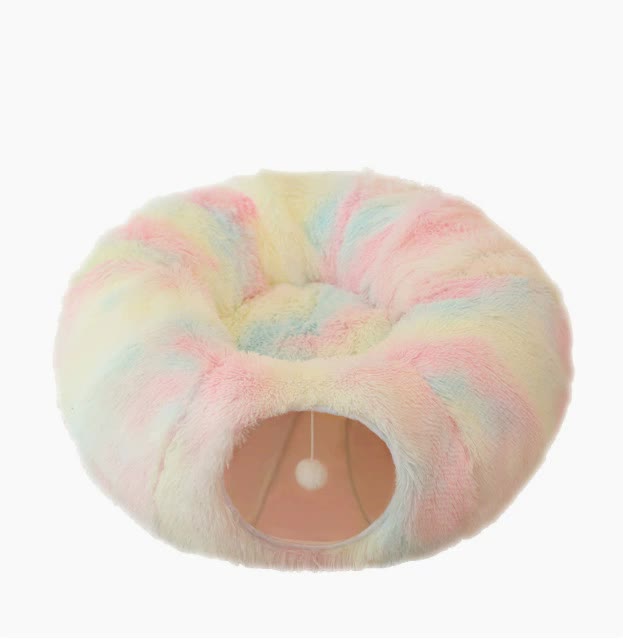 Rainbow plush cat bed with hidden tunnel by Macaw And Friends, soft round pet bed for cats and small dogs, cozy and colorful.