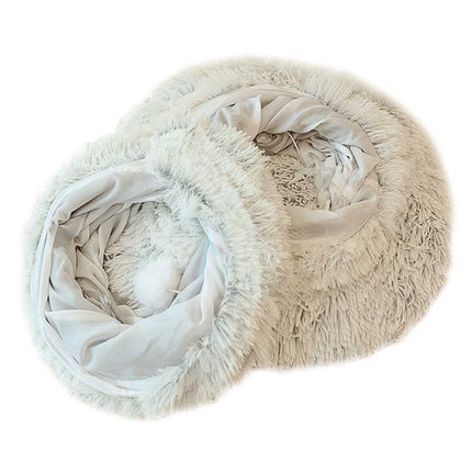 Soft rainbow plush cat bed with hidden tunnel by Macaw And Friends, perfect for cats and small dogs to lounge and hide.