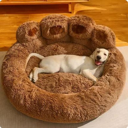 Brown plush 90cm dog bed with paw design, soft round pet sofa for medium to large dogs by Macaw And Friends.
