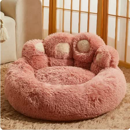 Pink plush dog bed with paw design, 90cm diameter, soft round pet sofa for medium to large dogs by Macaw and Friends.