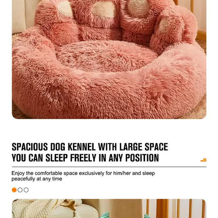 Pink plush dog bed with paw design, 90cm diameter, soft round pet sofa for medium to large dogs by Macaw And Friends.