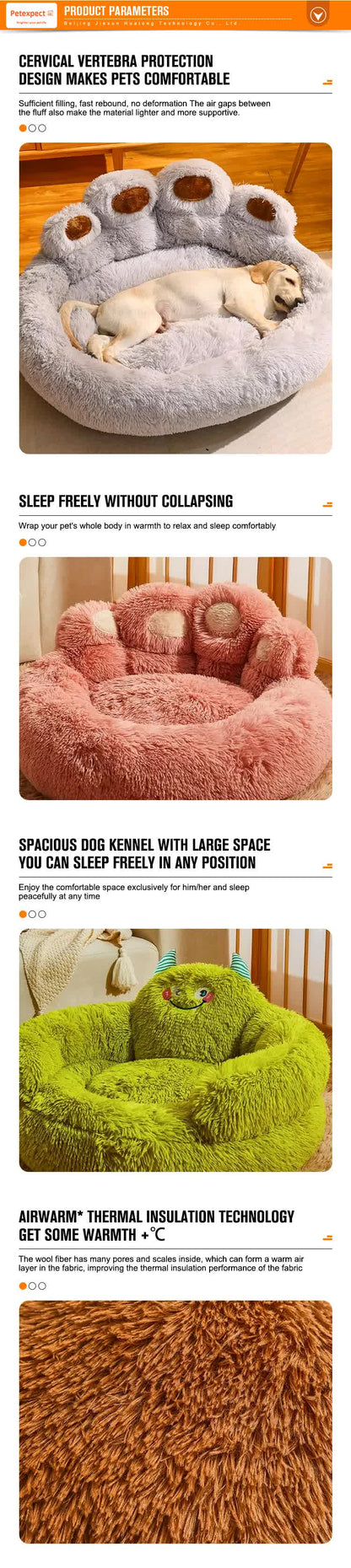 Diameter 90cm Pink Plush Dog Bed with Paw Design - Ultra Soft Round Pet Sofa for Medium to Large Dogs - Macaw And Friends