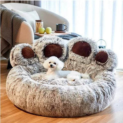 Grey plush round dog bed with paw design, 90cm diameter, ultra-soft pet sofa for medium to large dogs by Macaw And Friends.