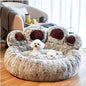 Diameter 90cm Grey Plush Dog Bed with Paw Design - Ultra Soft Round Pet Sofa for Medium to Large Dogs - Macaw And Friends