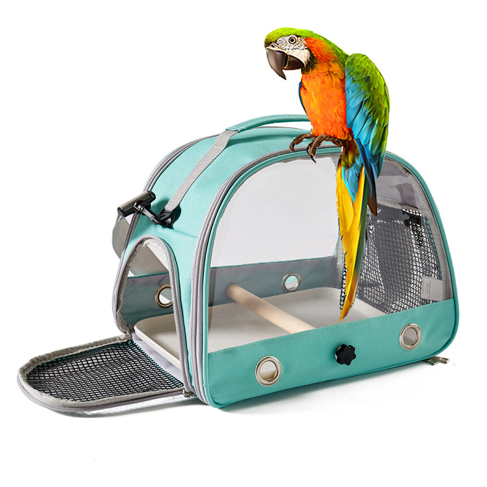 Green Portable Clear View Bird Carrier Travel Cage with Perch & Tray - Breathable Pet Bag for Parrots, Cockatiels & Small Animals - Macaw And Friends