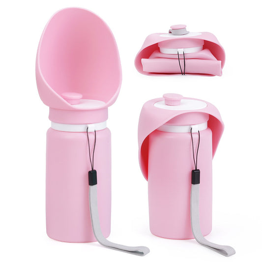 Pink Portable Pet Dog Water Bottle 550ml - Foldable Food-Grade Silicone Travel Drinker with Leak-Proof Dispenser - Macaw And Friends
