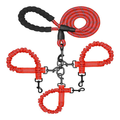 Red 3-in-1 Tangle-Free Dog Leash for 1-3 Dogs - Heavy Duty Bungee Coupler with Reflective Stitching & Padded Handle - Macaw And Friends