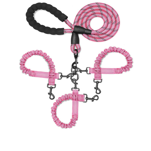 Pink 3-in-1 Tangle-Free Dog Leash for 1-3 Dogs - Heavy Duty Bungee Coupler with Reflective Stitching & Padded Handle - Macaw And Friends