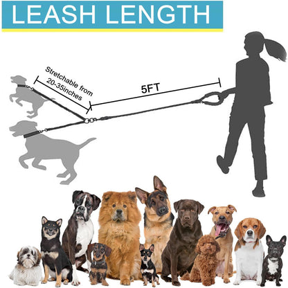 Grey 3-in-1 Tangle-Free Dog Leash for 1-3 Dogs - Heavy Duty Bungee Coupler with Reflective Stitching & Padded Handle - Macaw And Friends