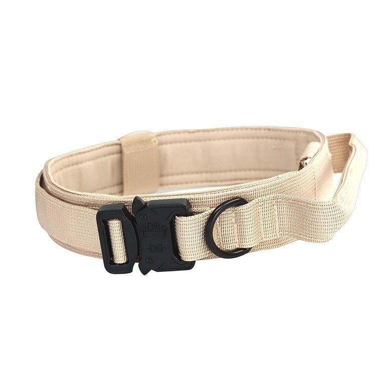 XL Khaki Tactical Dog Collar - Heavy Duty Nylon Pet Collar for Medium & Large Dogs, Adjustable (3.8cm Width) - Macaw And Friends