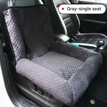 Grey plush dog car booster seat by Macaw And Friends, with washable cover, designed for small dogs as a travel bed and carrier.