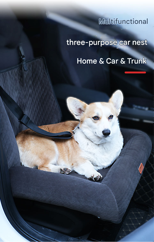 Grey plush dog car booster seat by Macaw And Friends, 2-in-1 travel bed for small dogs with washable cover and secure seat belt attachment.