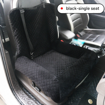 Black plush dog car booster seat by Macaw And Friends, 2-in-1 travel bed with washable cover for small dogs.