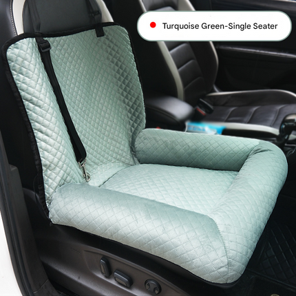 Turquoise plush dog car booster seat by Macaw And Friends, 2-in-1 travel bed with washable cover for small dogs in car.