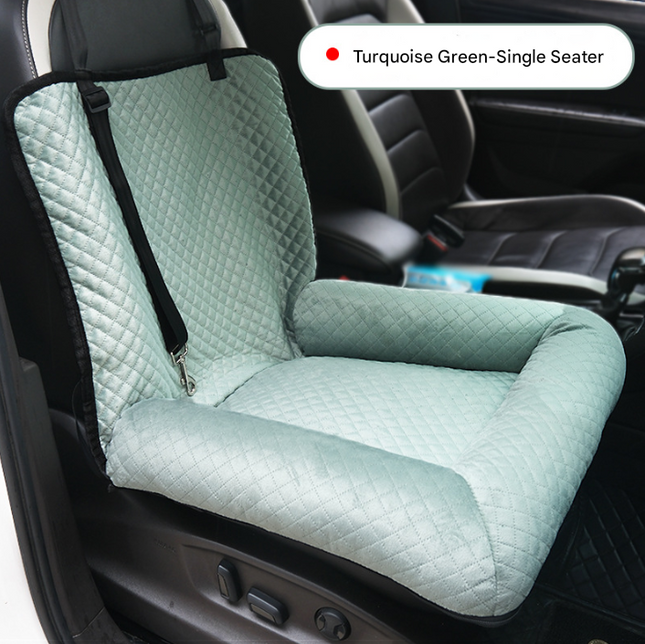 Turquoise plush dog car booster seat by Macaw And Friends, 2-in-1 travel bed with washable cover for small dogs in car.