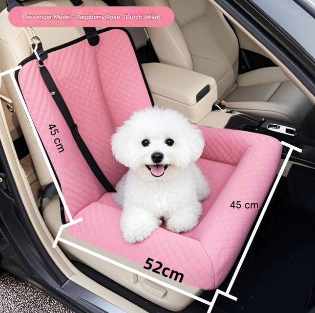 Pink plush dog car booster seat by Macaw And Friends, 2-in-1 travel bed for small dogs with washable cover and comfortable design.