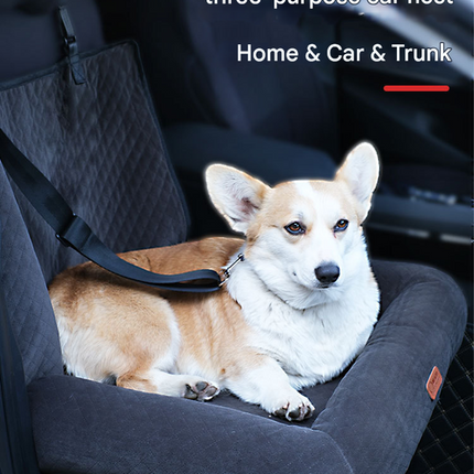 Pink plush dog car booster seat by Macaw And Friends, 2-in-1 travel bed with washable cover for small dogs in car.
