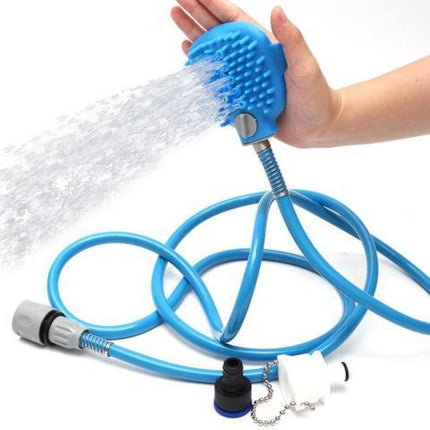 Blue 2-in-1 pet bathing tool and massager with silicone scrubber, 2.2m hose, tap adapters for dogs and cats grooming.