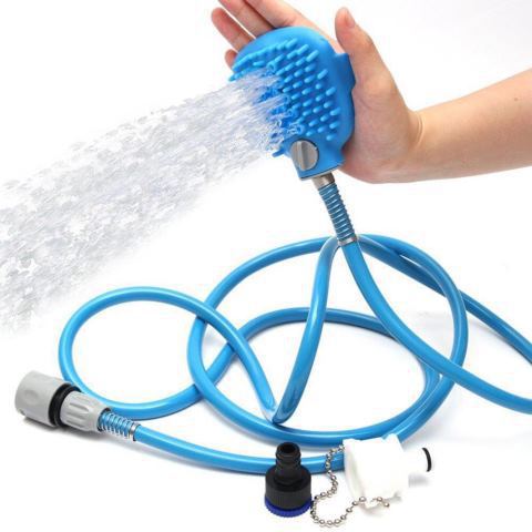 Blue 2-in-1 pet bathing tool and massager with silicone scrubber, 2.2m hose, tap adapters for dogs and cats grooming.