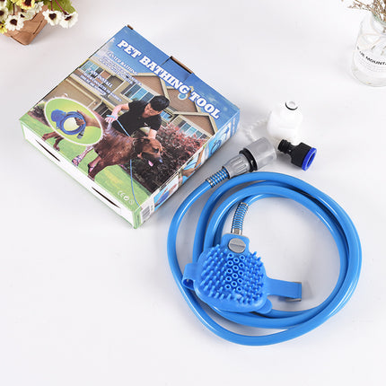 Blue 2-in-1 Pet Bathing Tool and Massager by Macaw And Friends with silicone scrubber and 2.2m hose for dogs and cats.