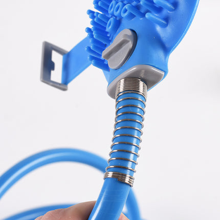 Blue 2-in-1 pet bathing tool and massager by Macaw And Friends, handheld silicone shower sprayer with hose and tap adapters for dogs and cats.