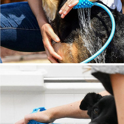 Blue 2-in-1 pet bathing tool and massager with silicone scrubber, handheld shower sprayer for dogs and cats, with hose and tap adapters.