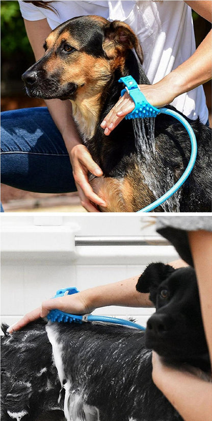 2-in-1 Pet Bathing Tool & Massager - Handheld Silicone Shower Sprayer Scrubber for Dogs & Cats - 2.2m Hose with Indoor & Outdoor Tap Adapters - Blue Grooming Kit - Macaw And Friends