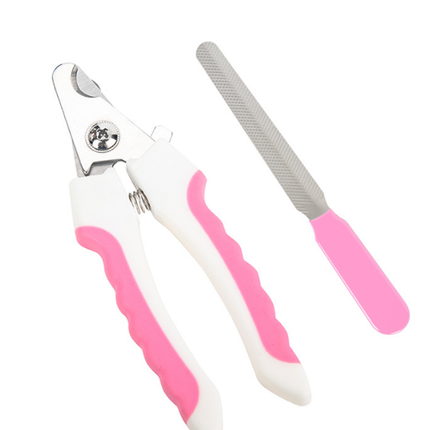 Pet nail clippers and file set for small dogs and cats, stainless steel, with safety guard and non-slip handle in white and pink.