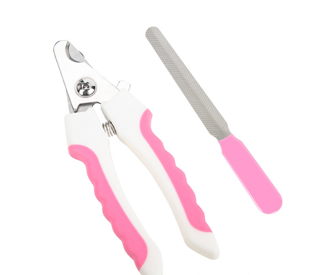 Pet nail clippers and file set for small dogs and cats, stainless steel, with safety guard and non-slip handle in white and pink.