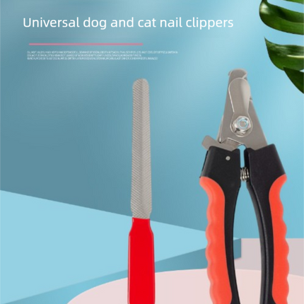 Pet nail clippers and file set for small dogs and cats with stainless steel blades, safety guard, and non-slip handle in white and pink.