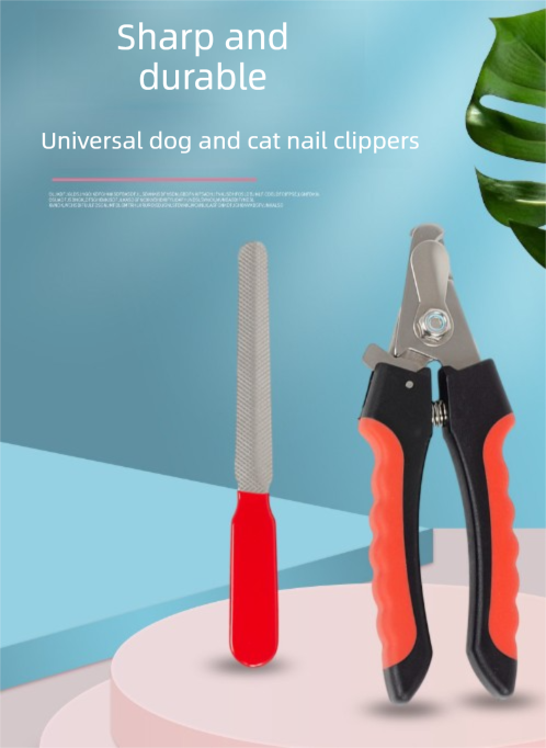 Pet nail clippers and file set for small dogs and cats with stainless steel blades, safety guard, and non-slip handle in white and pink.