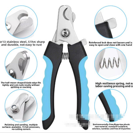Pet nail clippers and file set for small dogs and cats, stainless steel with safety guard and non-slip handle in white and pink.